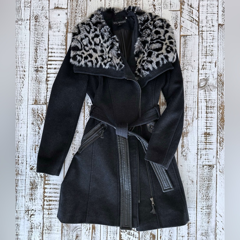 VIA SPIGA - Belted wool ‘Kate’ trench with faux fur collar - Size 2